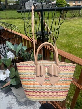 LIKE DREAMS Woven Straw Crossbody Tote Bag - Colorful Stripes & Front Bowtie